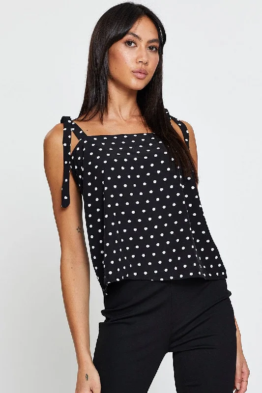 Polka Dot Tie Shoulder Top Sleeveless