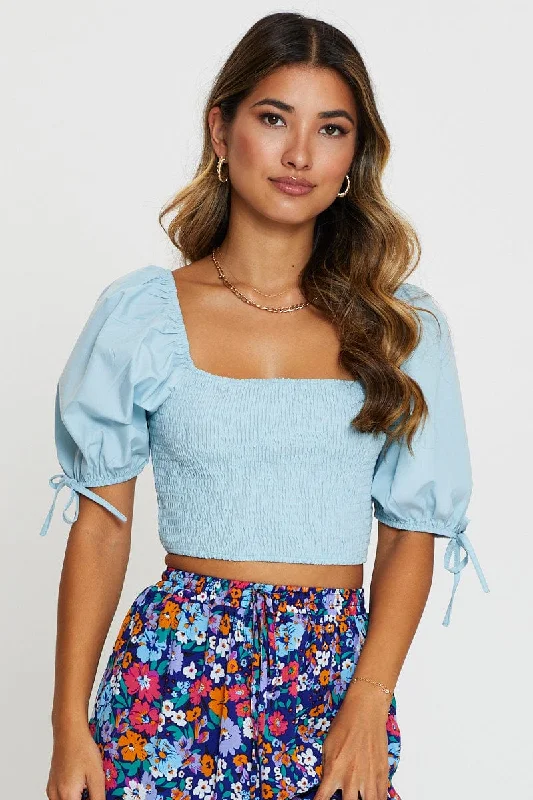 Blue Puff Sleeve Top Short Sleeve Crop