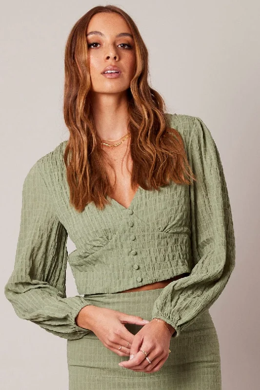 Green Crop Top Long Sleeve Textured