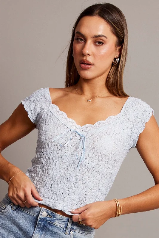 Blue Textured Top Short Sleeve