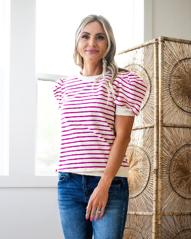 Carmen Striped Top with Puff Sleeves - Magenta