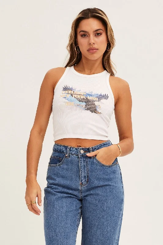 White Graphic Tank Sleeveless Crop Rib Jersey