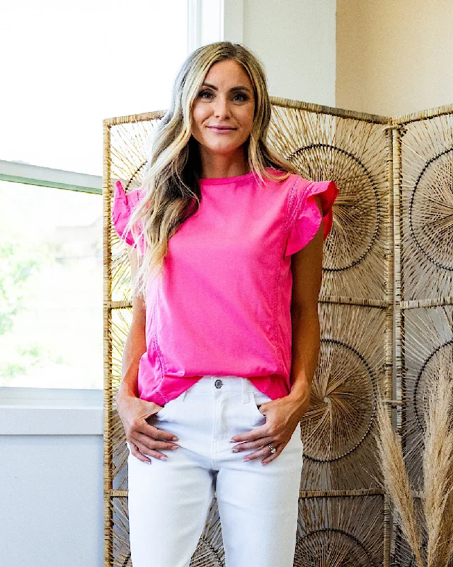 Hazel Flutter Sleeve Top with Lace Detail - Pink FINAL SALE