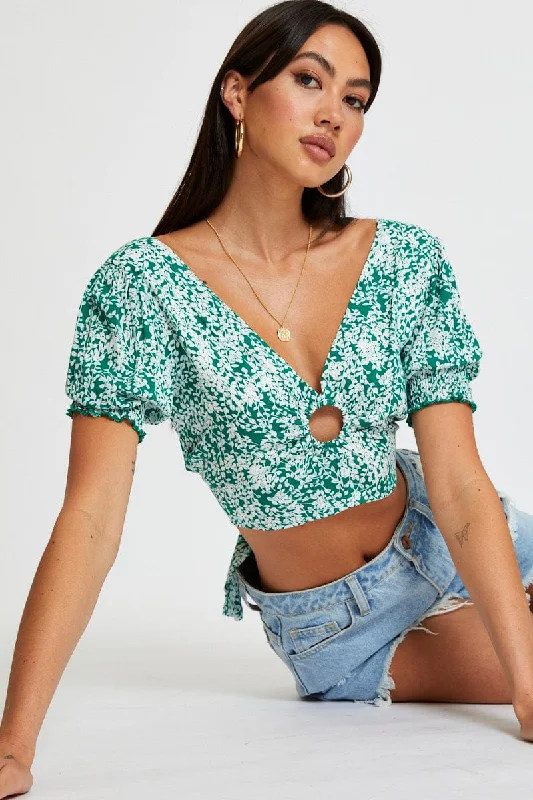 Ditsy Print Crop Top Short Sleeve Tie Up