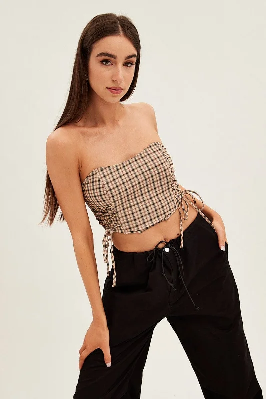 Brown Check Corset Top Strapless Crop Structured Tie Up Detail