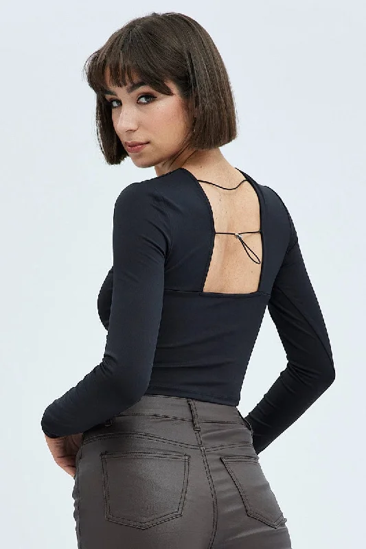 Black Top Long Sleeve Round Neck Elastic Back Jersey