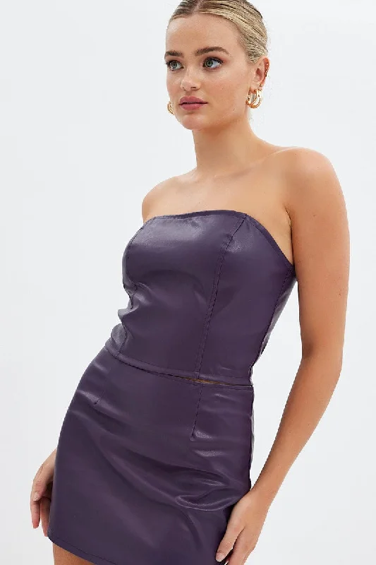 Purple Faux Leather Corset Sleeveless Strapless Bandeau