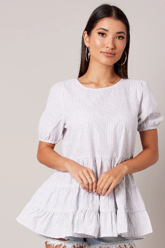 White Stripe Smock Top Short Sleeve Tiered