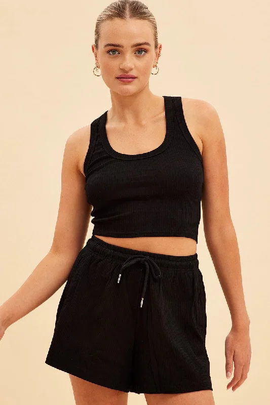 Black Prea Scoop Neck Crop Rib Sleeveless Tank