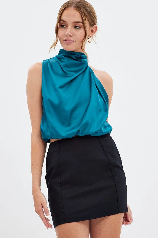 Blue Cami Top Sleeveless High Neck