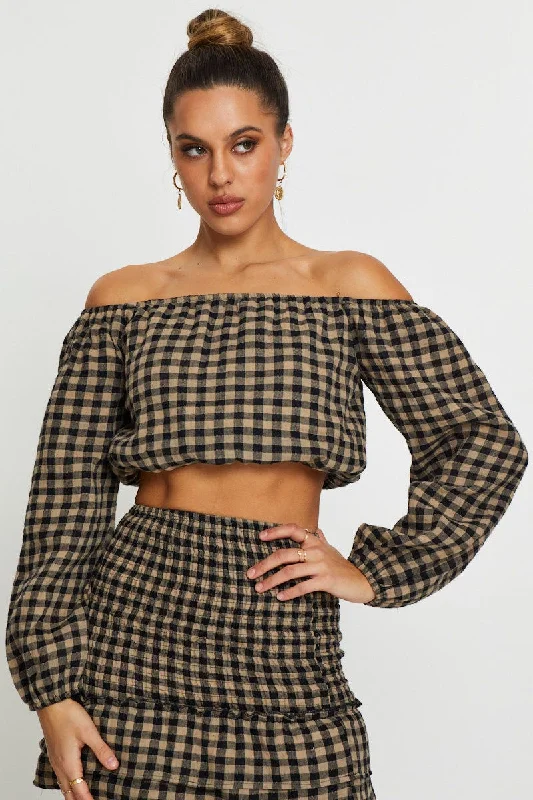 Check Top Long Sleeve Crop Off Shoulder