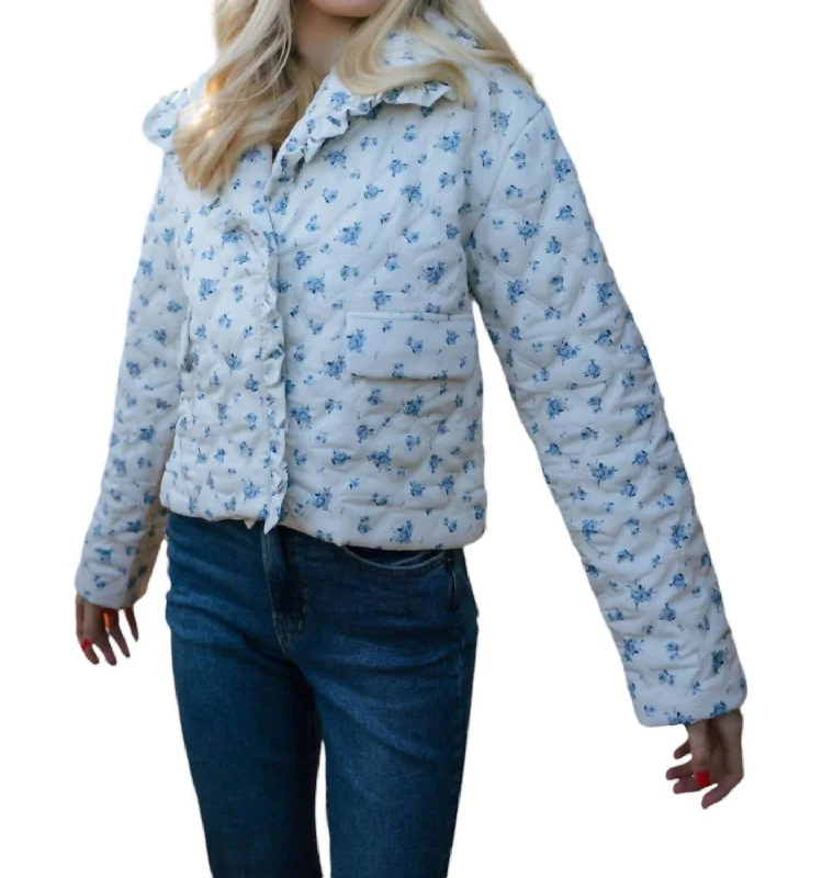 Ruffle Floral Jacket In Ivory/blue