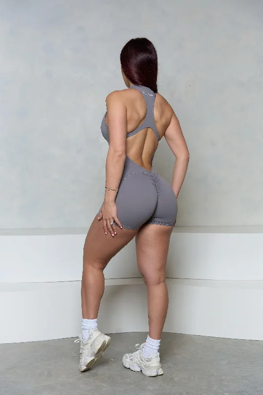 Grey Sleeveless Zipper Scrunch Butt Romper