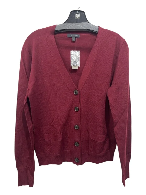 J Crew Size M Burgundy Red Merino Wool Button Up Thin Knit Pockets Cardigan