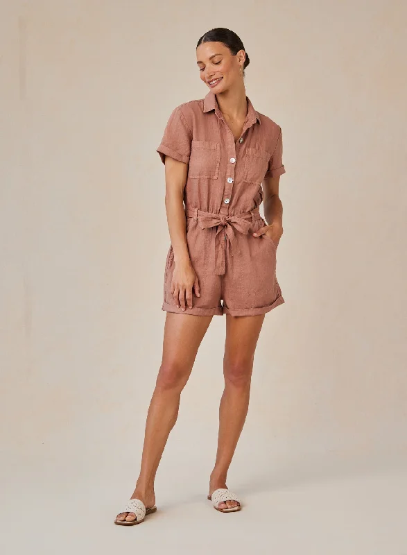 Rolled Hem Utility Romper - Terracotta Brown