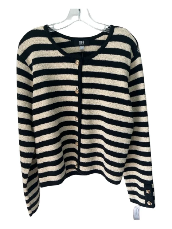 KUT Size XL Beige & Black Polyester Horizontal Stripes Rib Knit Cardigan