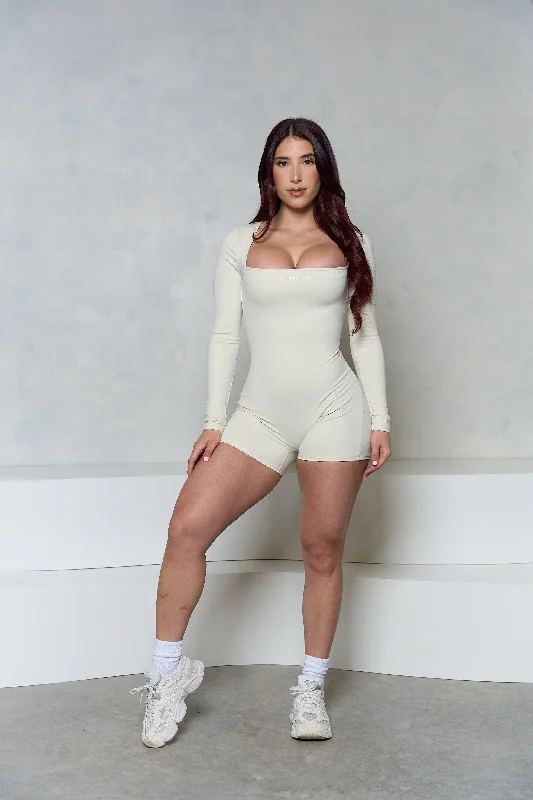 Ivory Square Neck Long Sleeve Romper