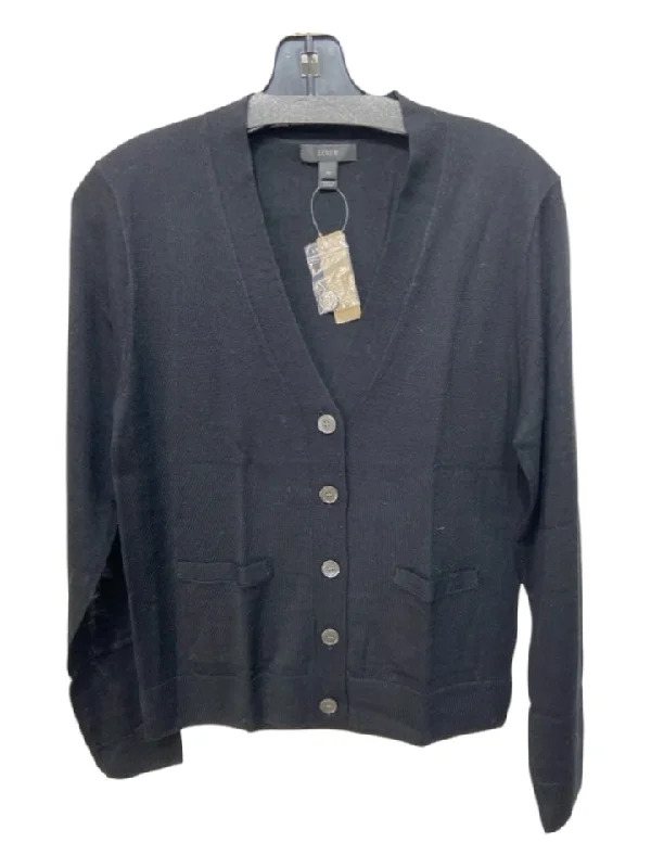 J Crew Size M Black Merino Wool Button Up Thin Knit Pockets Cardigan