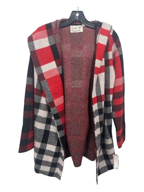 Field Flower Size XS Red, Gray & Black Wool Hood Open Front Checkered Cardigan