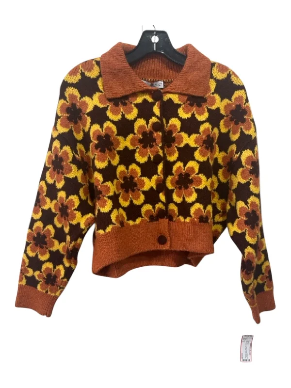 Zara Size S Brown, Yellow & Orange Acrylic Floral Button Up Collar Crop Cardigan