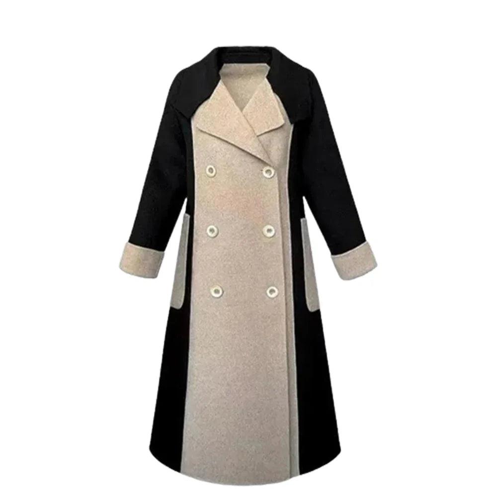 Chic Women's Woolen Patchwork Trench Overcoat