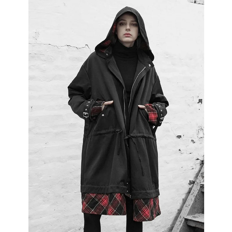 Women's Vintage Plaid Colorblock Loose Long Hooded Coat