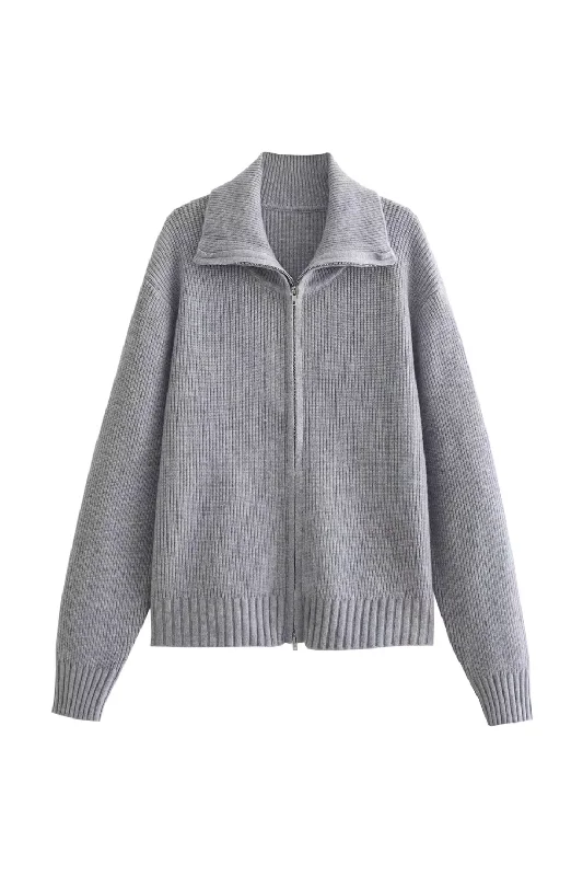 'Helen' Rib Knit Collared Zip-up Cardigan Sweater