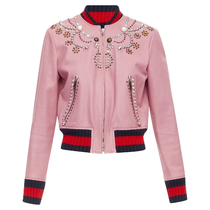 Gucci lambskin pearl embellished web trim crop bomber