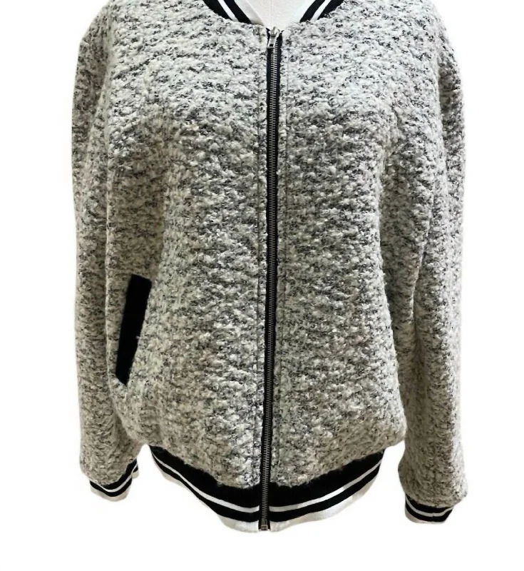 Women's Cashmere Blend Boucle Winter Varsity Style Bomber Jacket In Gray