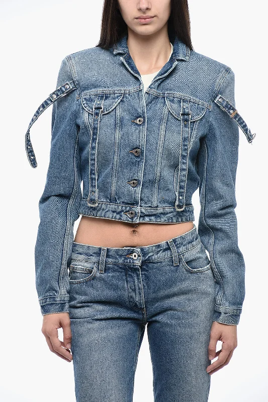 Off-White Crop Denim Jacket With Buckles Detail