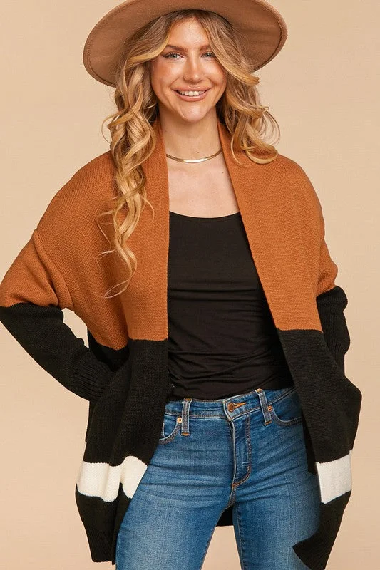 Plus size color block midi length oversized cardigan