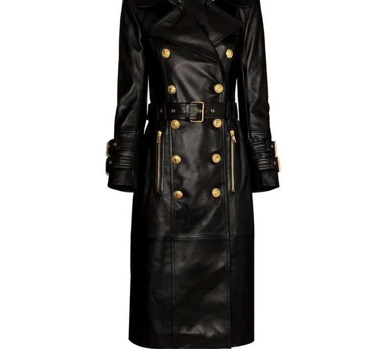 Double-Breasted Leather Women's Trench Overcoat