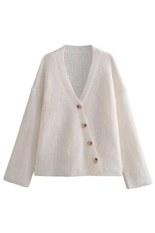 'Joyce' V-Neck Diagonal Button Closure Knitted Cardigan