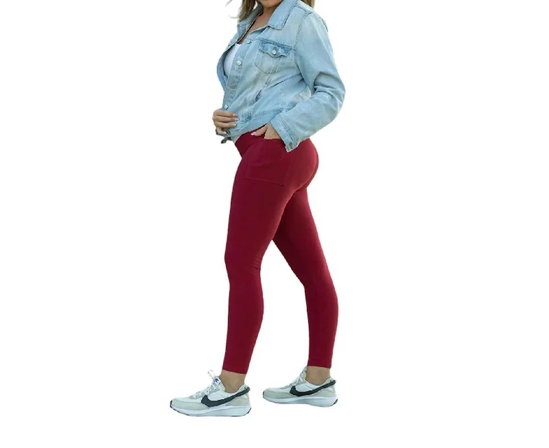 Full Length Leggings With Pocket In Solid Red