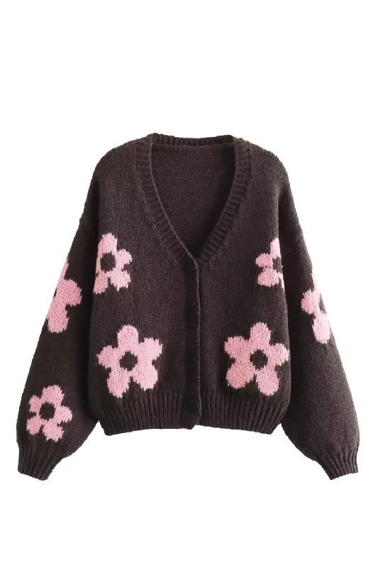 'Shiela' V-Neck Flower Design Knitted Cardigan