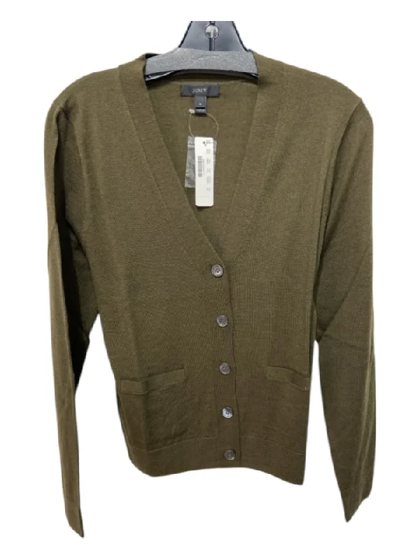 J Crew Size M Olive Green Merino Wool Button Up Thin Knit Pockets Cardigan