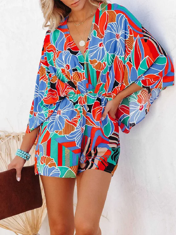 Tied Printed Kimono Sleeve Romper - 2 Colors