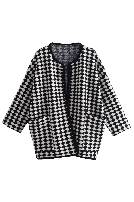 'Hilary' Open-Front Argyle Pattern Cardigan