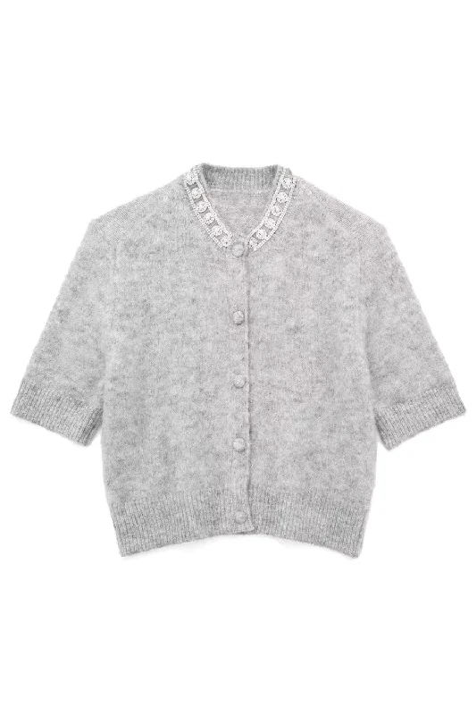 'Mandy' Rhinestones Embellished Knitted Short Sleeved Cardigan