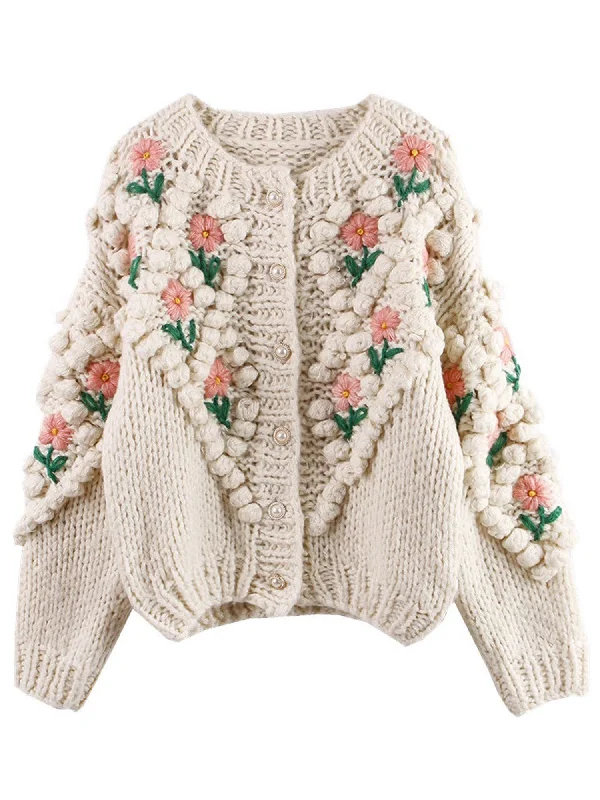 'Laura' Floral Embroidered Pom Pom Cardigan