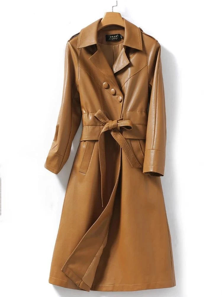 Women's Long Belted Leather Overcoat