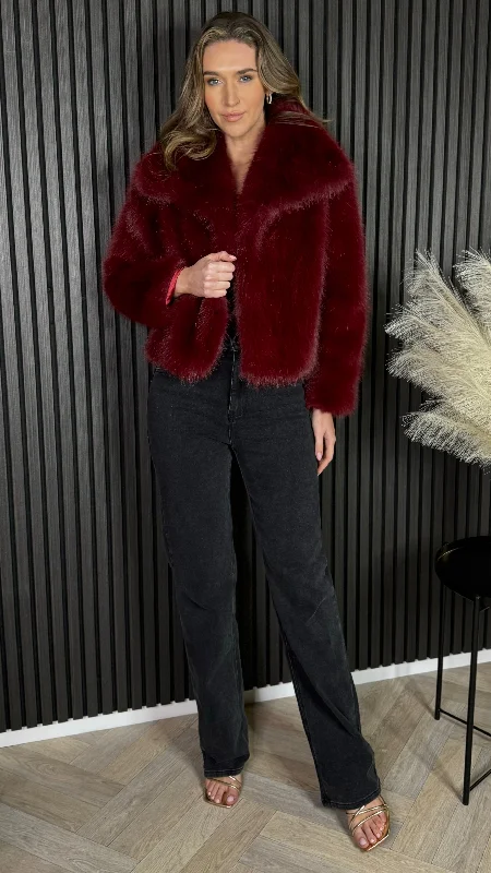 Valentina Dark Red Collared Fur Jacket