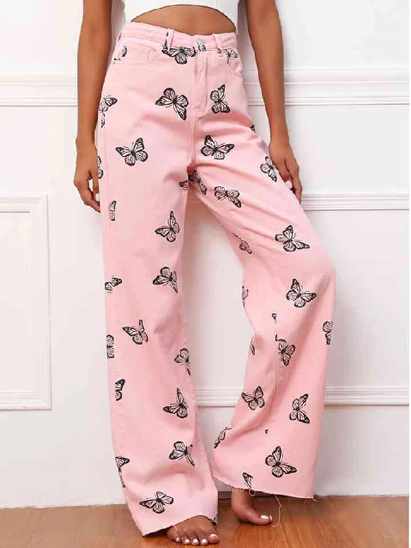 Butterfly Pattern Wide Leg Jeans