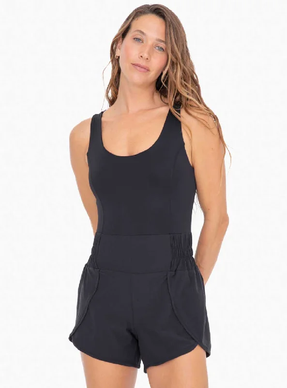 Mono B Women's Active Woven One-Piece Shortsie - Black