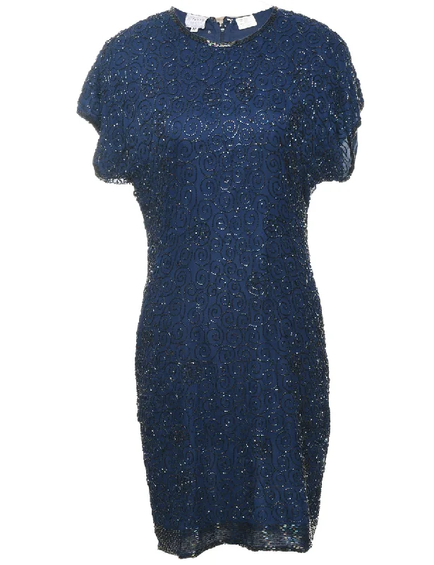 100% Silk Navy Beaded Evening Dress - L Sharp Women's Italian