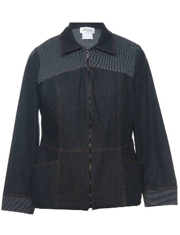 Black Zip-Front Denim Jacket - L Monochromatic Office Style