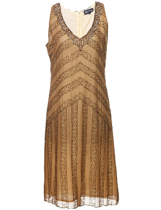Beaded Bronze & Brown Sleeveless Evening Dress - M Elegant Women's Formal 