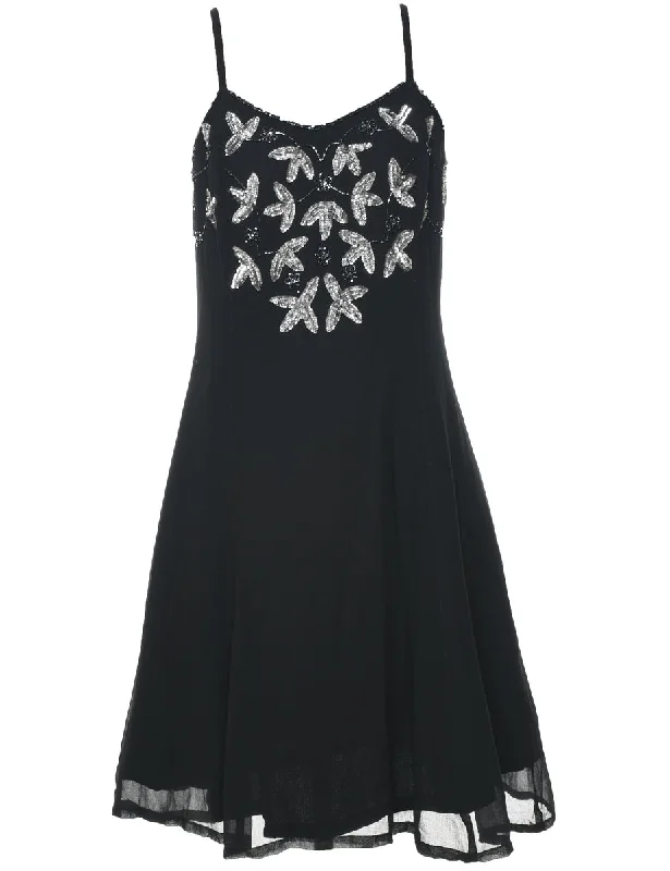 Silk Black & Silver Sequined Evening Dress - M French